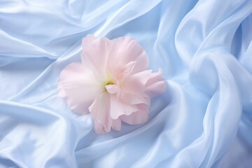  a pink flower sitting on top of a light blue sheet of a sheet of light blue fabric with a light pink flower in the center of the center of the image.