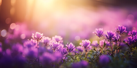 Purple spring flowers on a meadow, blurry sunlight background 