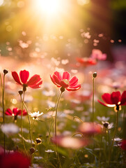 Red spring flowers on a meadow, blurry sunlight background 