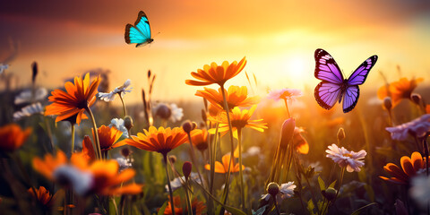 Obraz na płótnie Canvas Summer wild flowers and flying butterfly in a meadow at sunset