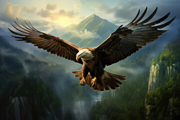  a painting of a bald eagle flying in the sky over a mountain range with a waterfall in the foreground. - Powered by Adobe
