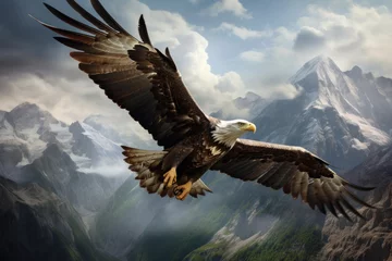 Poster  an eagle flying over a mountain range with a mountain range in the background and clouds in the sky in the foreground. © Shanti
