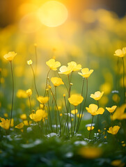 Yellow spring flowers on a meadow, blurry bokeh background 