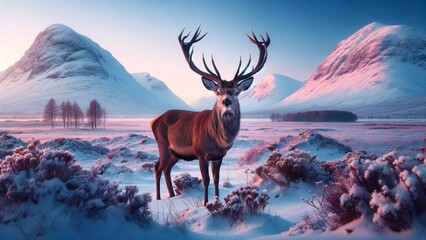 冬の静けさに立つ荘厳な鹿