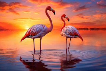  two pink flamingos standing in a body of water with the sun setting in the background and clouds in the sky.