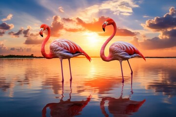  a couple of flamingos standing on top of a lake next to each other with a sunset in the background.