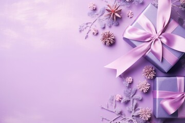  a purple gift box with a pink ribbon on a purple background with snowflakes and snowflakes around it.
