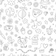 Seamless pattern with animals and objects on a white background. Vector doodle wallpaper with cute funny characters.