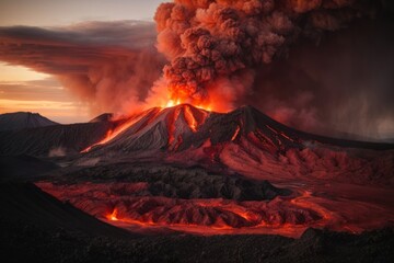 A powerful dramatic volcanic eruption with red lava, gases and thick smoke in nature. A magical unusual natural phenomenon. - obrazy, fototapety, plakaty