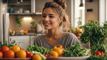 Portrait of a young woman in the kitchen, different vegetables, healthy eating concept