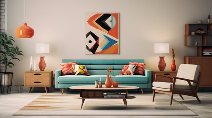 A mid-century modern living room with iconic furniture, geometric patterns, and retro vibes