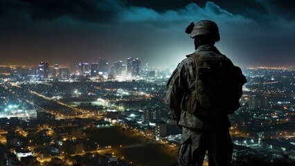 military man against the backdrop of the metropolis, city guard soldier generative ai
