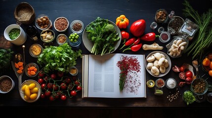 An overhead view of a neatly arranged kitchen counter with fresh ingredients, utensils, and open cookbooks, inviting culinary creativity