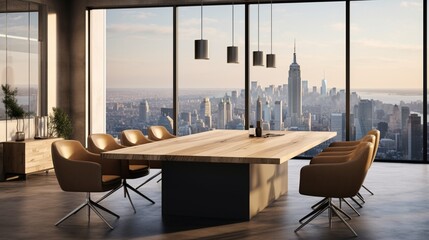A minimalist conference room featuring a polished wooden table, leather chairs, and large windows overlooking a city skyline - obrazy, fototapety, plakaty