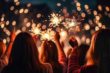 people celebrate the new year with sparklers in their hands and fireworks generative ai
