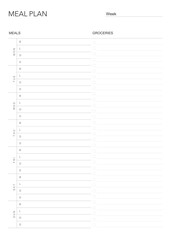 meal plan, minimalistic weekly meal planner printable template. Meal planning and groceries list. Healthy meal plan for diet and foot. Vector template. EPS 10