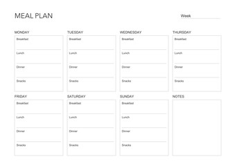 meal plan, minimalistic weekly meal planner printable template. Meal planning and groceries list. Healthy meal plan for diet and foot. Vector template. EPS 10