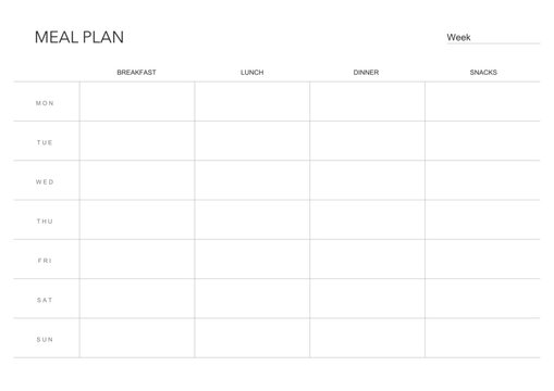 meal plan, minimalistic weekly meal planner printable template. Meal planning and groceries list. Healthy meal plan for diet and foot. Vector template. EPS 10
