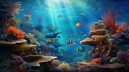 Wallpaper adorned with hyper-detailed marine life, creating an underwater scene with realistic colors and textures