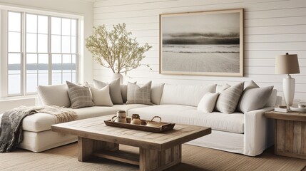 Fototapeta na wymiar A modern farmhouse living room with a reclaimed wood coffee table, white shiplap walls, and cozy textiles