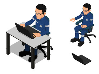 Isometric view of worker with PC on white background