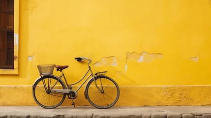 Plexiglas foto achterwand yellow bicycle on a brick wall © sdk