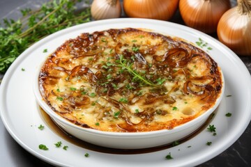  a white plate topped with a casserole covered in cheese and onions next to garlic and green garnish.
