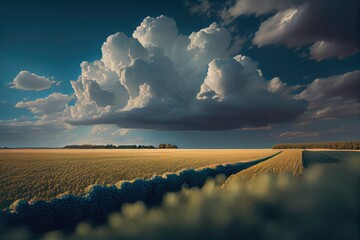 A huge fluffy cloud over a field sown with wheat. There's a thunderstorm coming soon. Generative AI Art. Beautiful view.