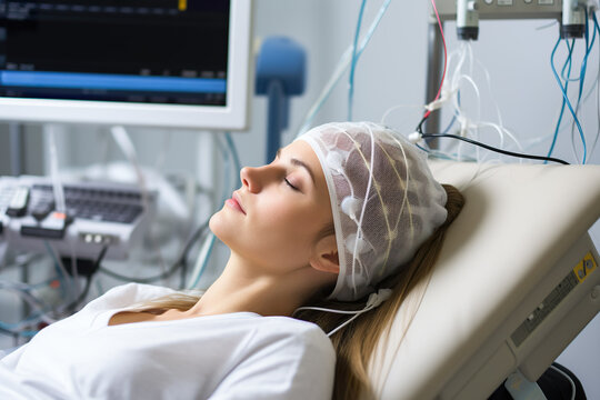 A young caucasian female patient undergoing EEG examination. 
