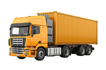 Big yellow truck with transport container on cutout PNG transparent background
