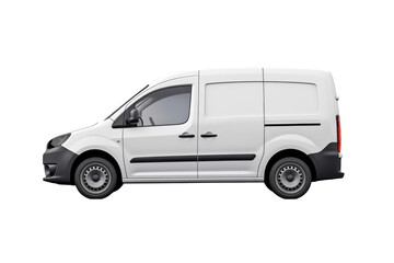 Fototapeta na wymiar Side view of a small white van for transport on a cut out PNG transparent background. Blank empty van for mockup
