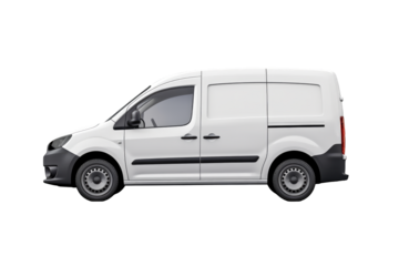 Side view of a small white van for transport on a cut out PNG transparent background. Blank empty van for mockup