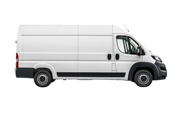 Side view of a big white van for transport on a cutout PNG transparent background. Blank empty van for mockup