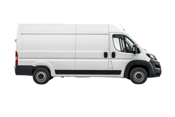 Side view of a big white van for transport on a cutout PNG transparent background. Blank empty van for mockup