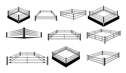 Boxing ring sport arena with ropes for fighting tournament monochrome line icon set isometric vector - obrazy, fototapety, plakaty