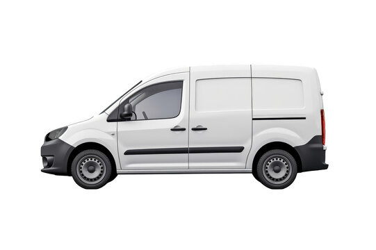 Side view of a small white van for transport on a cut out PNG transparent background. Blank empty van for mockup