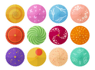 Ornamental traditional Japanese umbrella art pattern design top view set vector flat illustration © Aleksandr