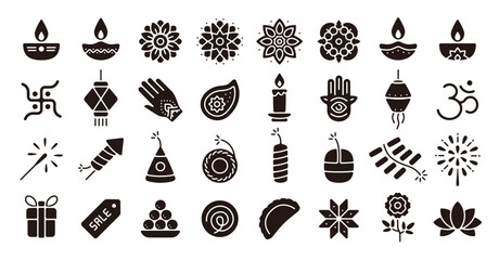 Diwali festival icon set (Flat silhouette version)