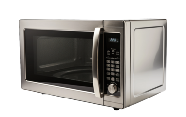 Stainless Steel Microwave With Black Glass on White or PNG Transparent Background.