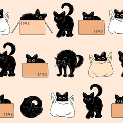 Seamless pattern of cute cats hiding in a bag and box. Fat cute cat lifestyle. Pets. The cat hissses, sleeps, hunts, walks. For wallpaper, fabric, wrapping, background.