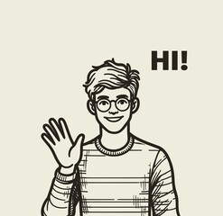 A cheerful guy waves, a smiling young man greets, and a friendly nerd says 'Hi'—modern flat vector illustration with outlined, linear style