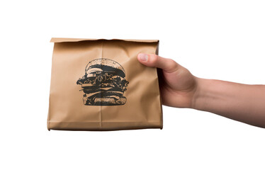 main qui tient un sac papier avec hamburger imprimé dessus, mélange illustration et IA
