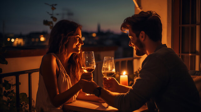 Happy couple enjoying romantic dinner by candlelight outdoor, concept love, relationship and romantic