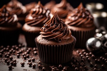 chocolate cupcakes with chocolate frosting - obrazy, fototapety, plakaty