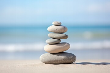 Fototapeta na wymiar close up stack of Zen pebbles arrangement on a sandy beach, minimalistic