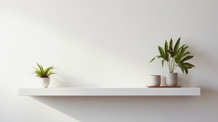 A minimalist white wall with a strategically placed floating shelf and potted plants