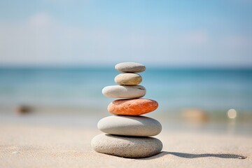 close up stack of Zen pebbles arrangement on a sandy beach, minimalistic