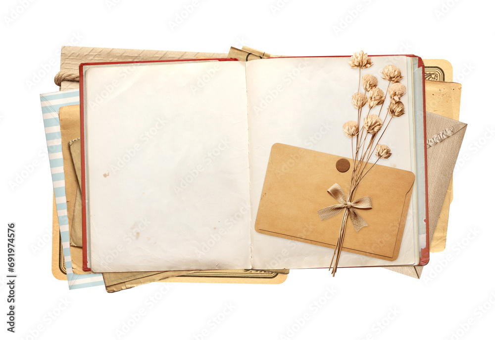 Sticker retro book with blank pages, dry flowers, vintage envelope and paper card. isolated on white backgro