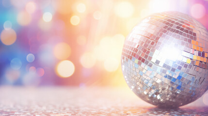 Fototapeta na wymiar Bright disco ball on white glitter blur background