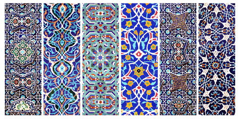 Set of vertical or horizontal banners with detail of ancient mosaic walls with floral and geometric...